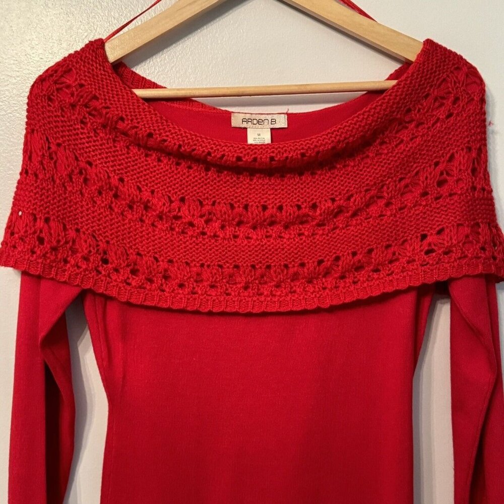 Arden B Women’s Medium 90s Y2K Red Off-Shoulder Crochet Tunic Sweater Holiday - Picture 5 of 11
